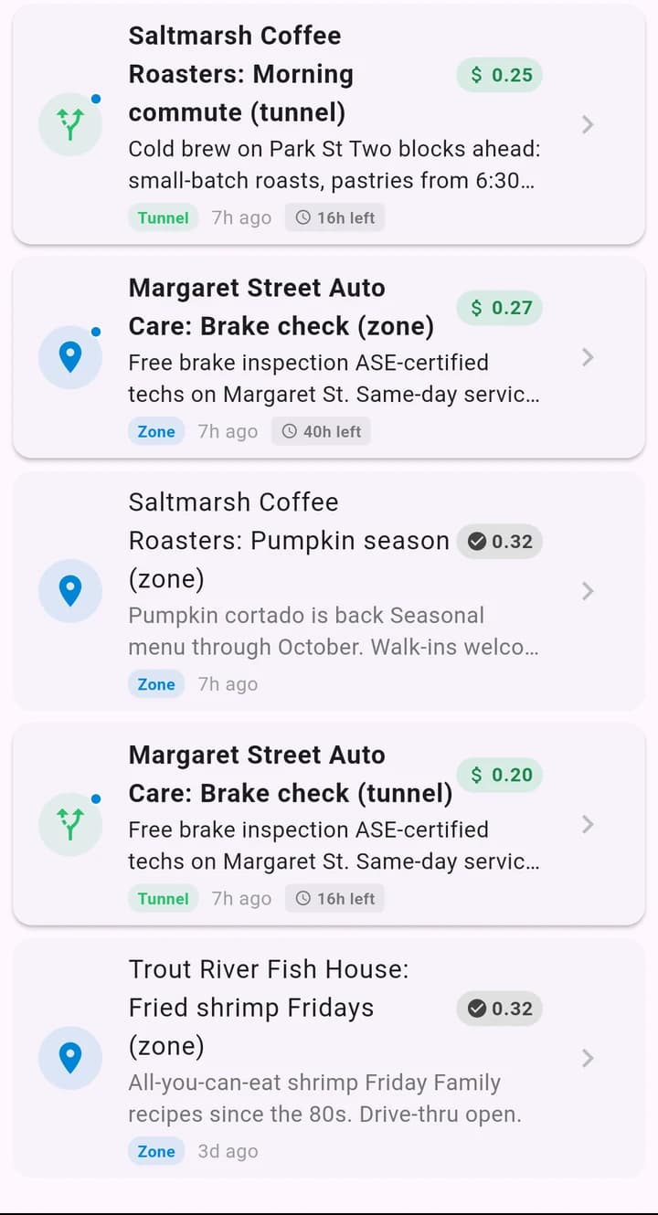 The WilDi member app inbox: nearby messages from demo businesses, each showing the member's share