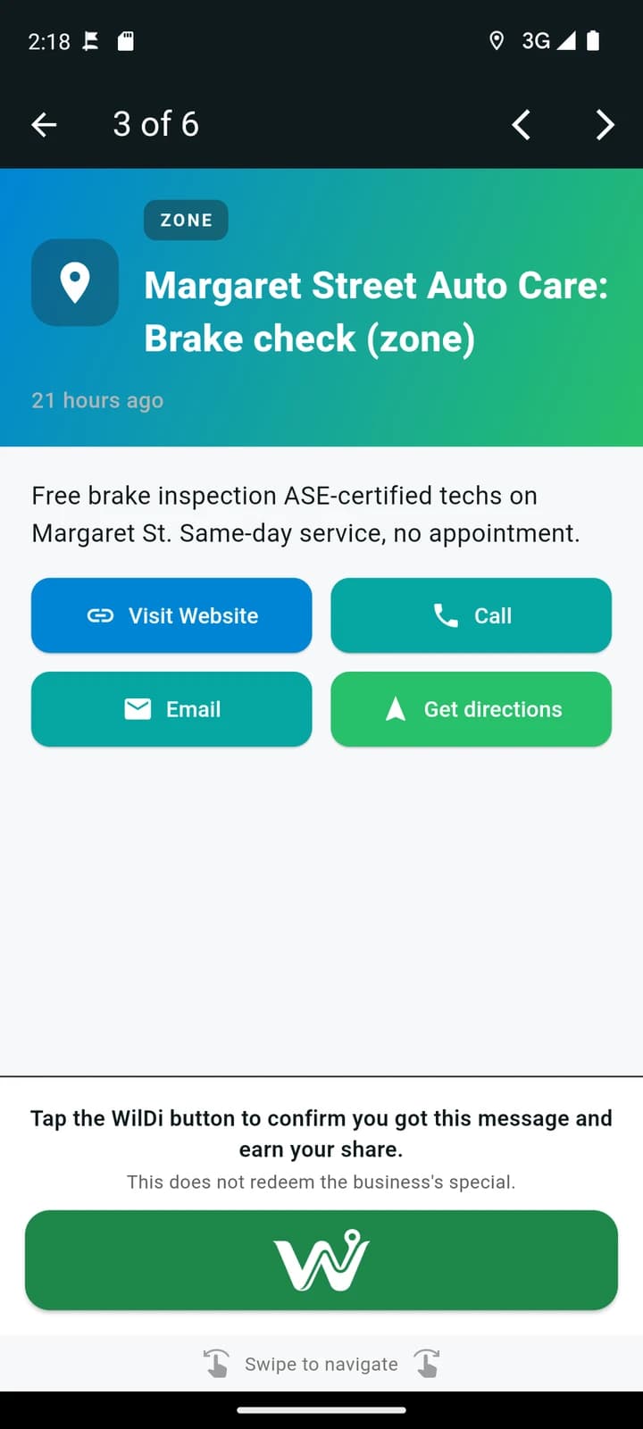 The WilDi member app: a demo auto shop's message with the WilDi button, a green button showing the white WilDi logo, under the line "Tap the WilDi button to confirm you got this message and earn your share" and "This does not redeem the business's special"