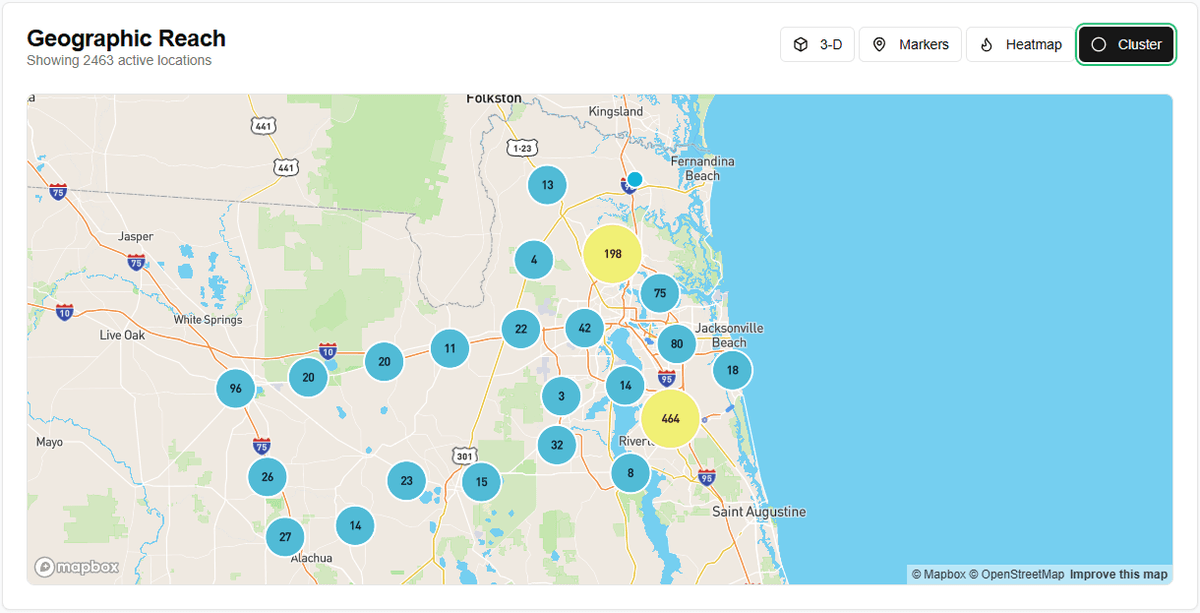 WilDi Maps - Cluster View showing grouped deliveries