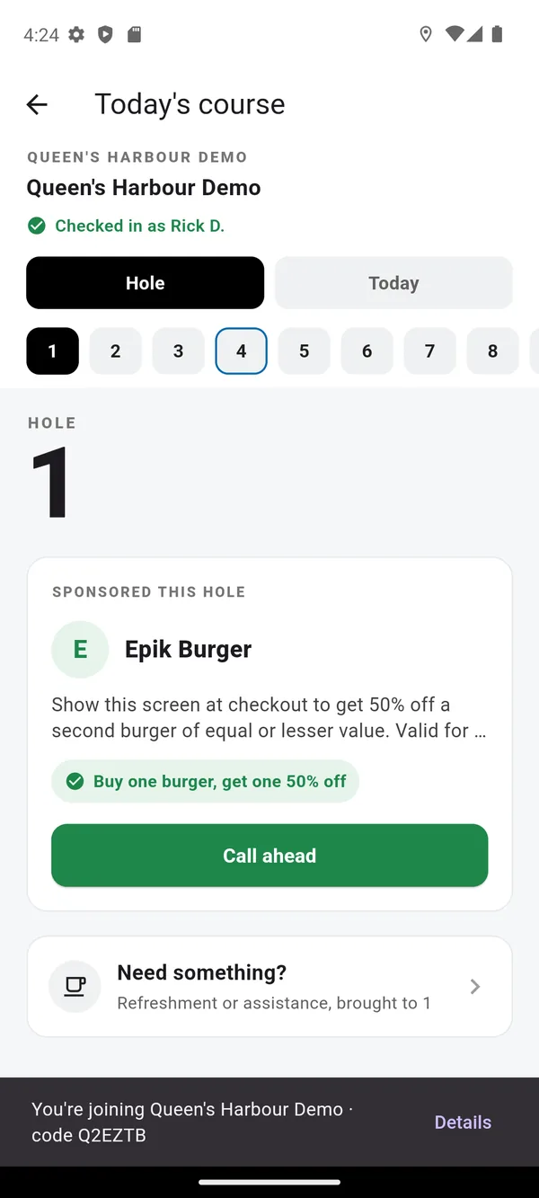 The WilDi Golf app on hole 1, showing a card headed Sponsored this hole with a sponsor's offer and a Call ahead button, above a Need something? row for the refreshment cart.
