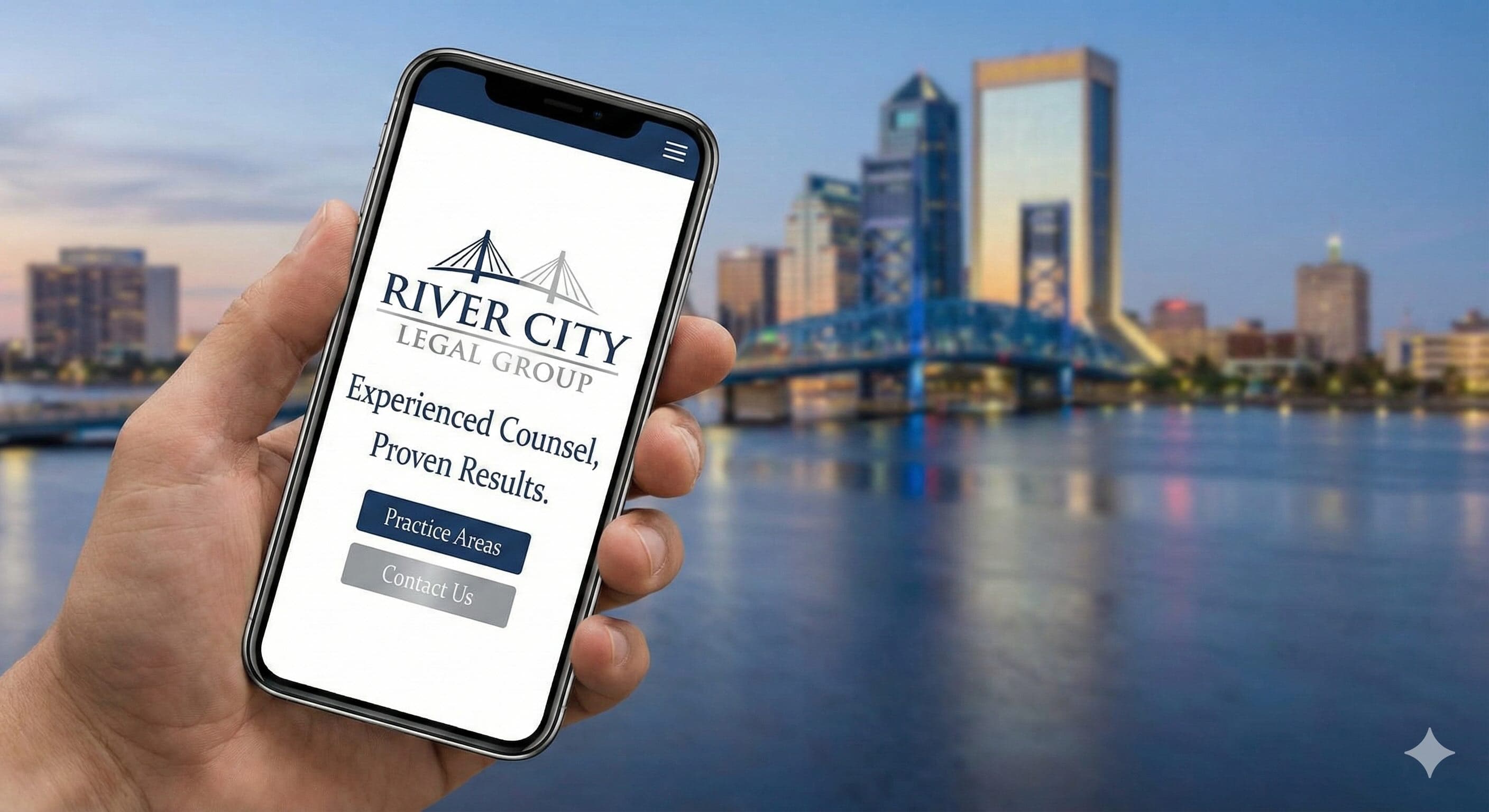 A sleek, professional attorney branding on a mobile phone interface, with a blurred Jacksonville cityscape in the background.