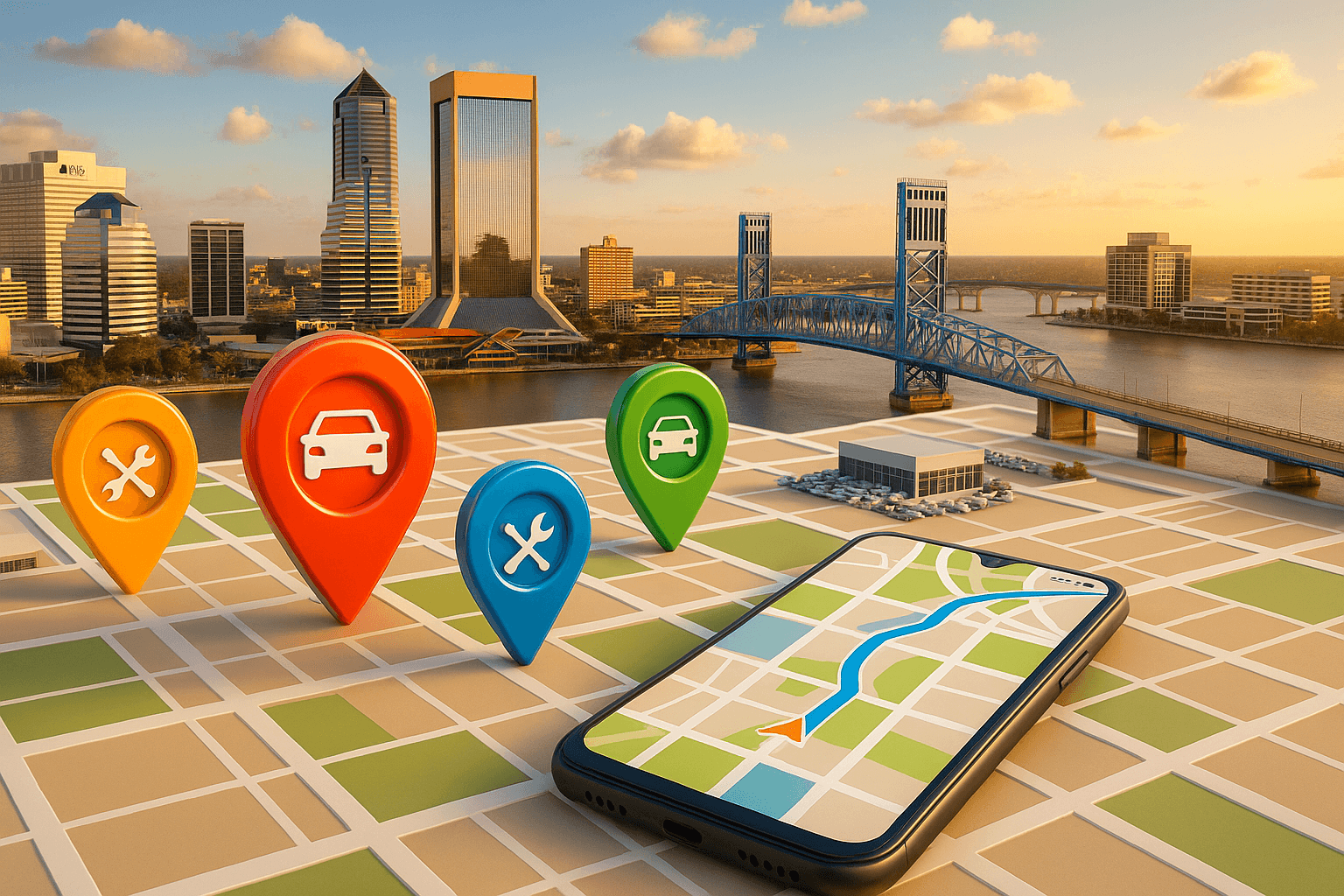 Modern Jacksonville auto dealership showrooms on 3D city map with digital location pins, representing the future of automotive advertising in 2026