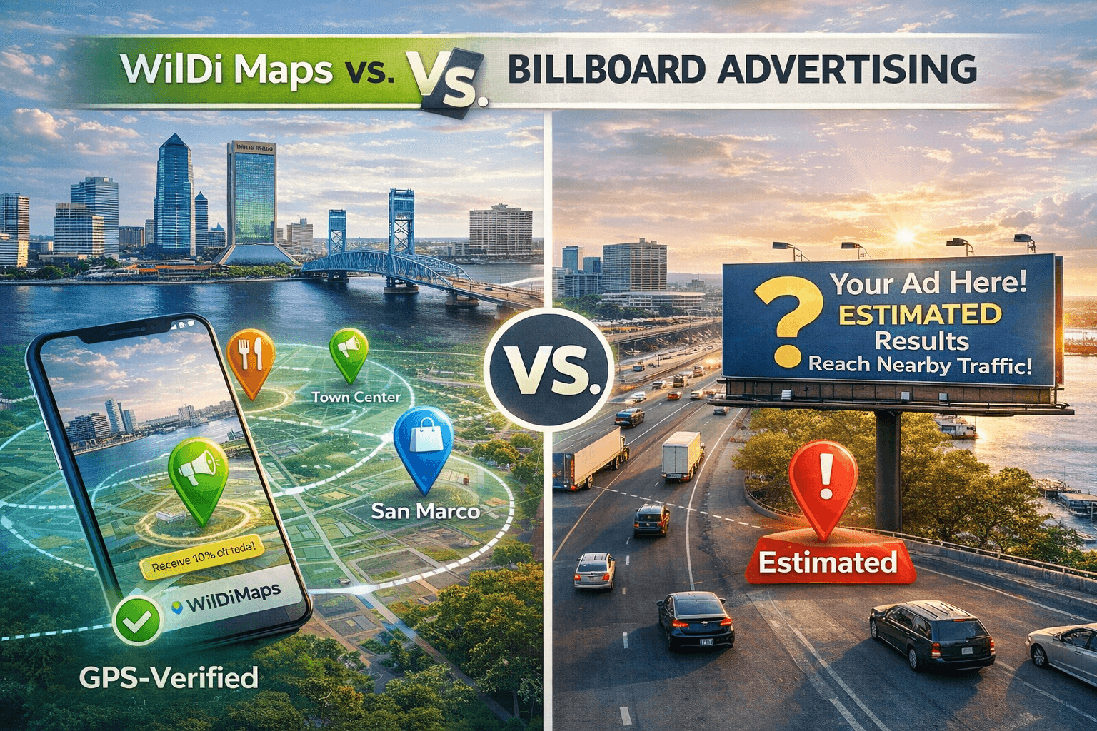 WilDi Maps vs billboard advertising comparison showing GPS verified ads vs estimated impressions