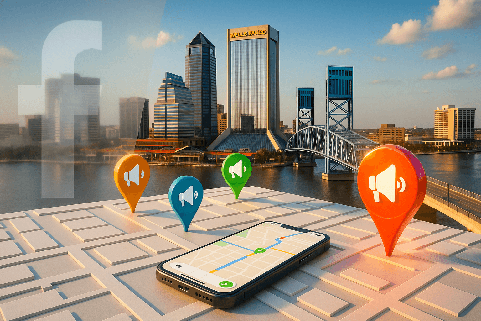 Split view comparing traditional Facebook advertising with modern location-based advertising on Jacksonville map, showing cost-effectiveness of hyperlocal approach
