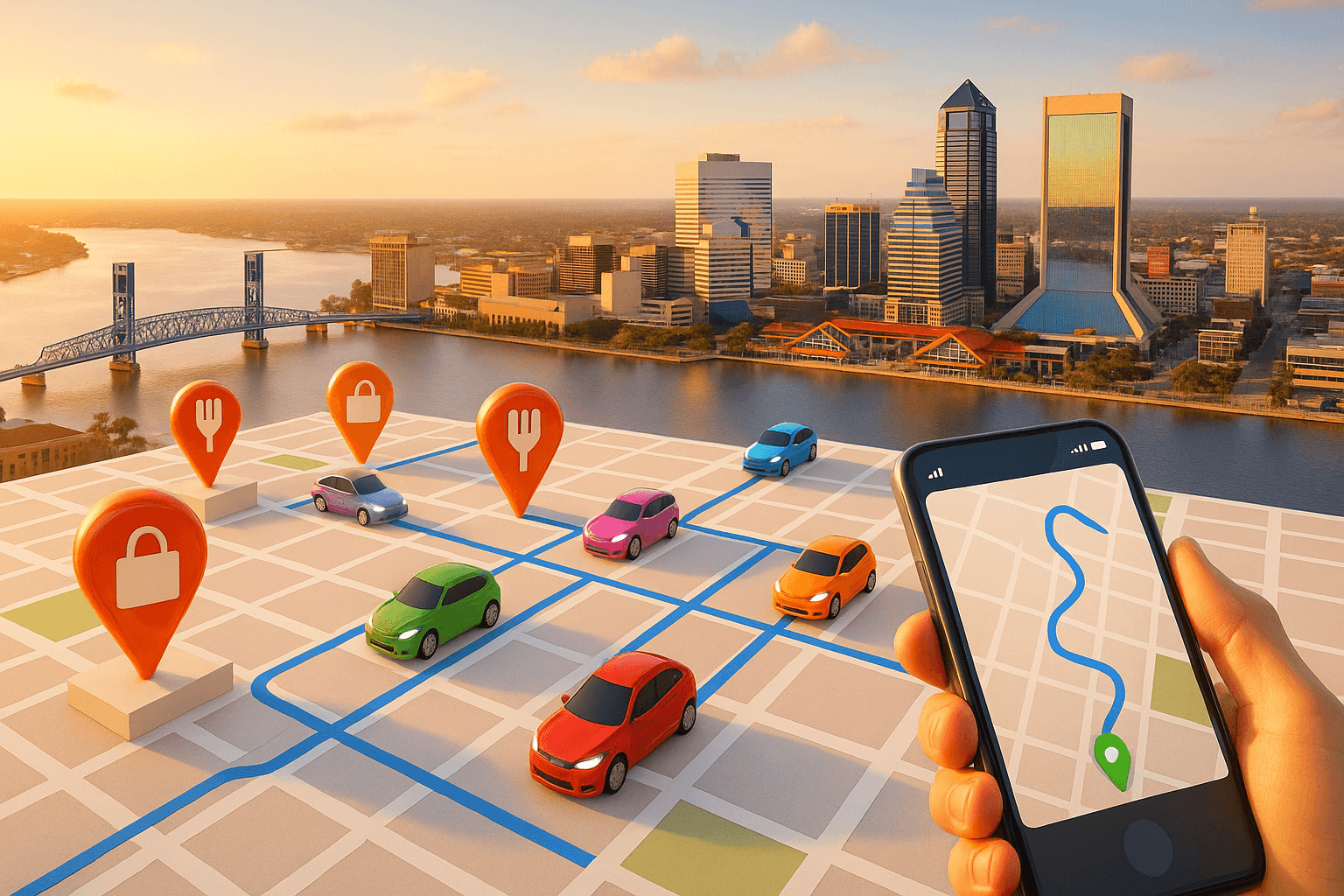 Jacksonville streets with gig economy drivers and location-based advertising map overlay