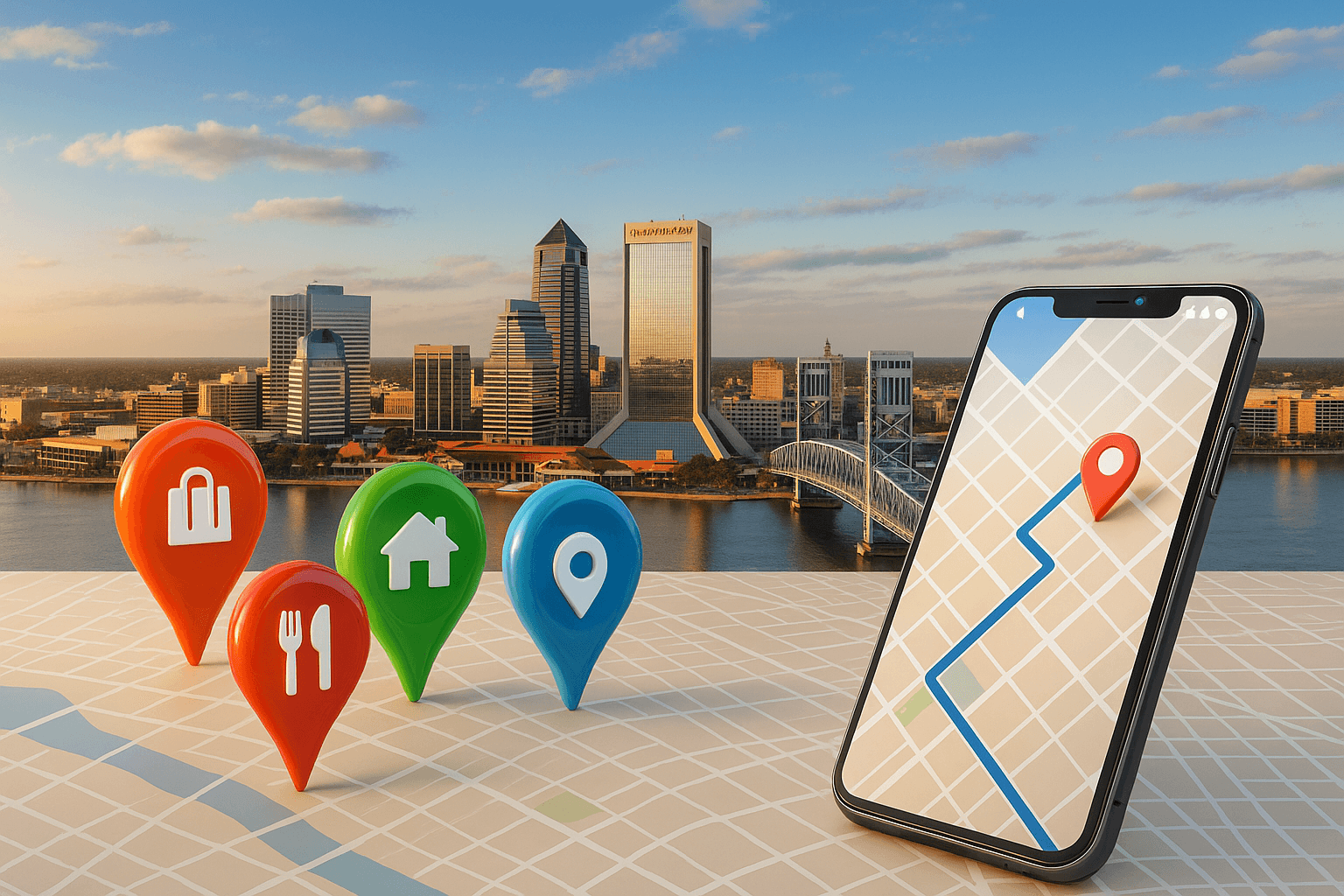 Aerial view of Jacksonville Florida with GPS map pins and location-based advertising overlay