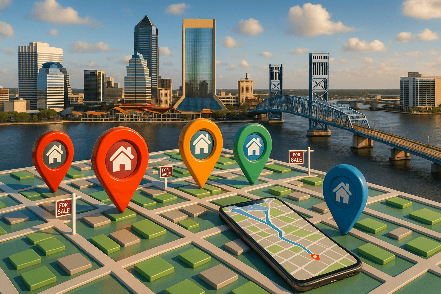 Jacksonville real estate properties marked with house icons on 3D map, showing modern location-based marketing beyond traditional methods