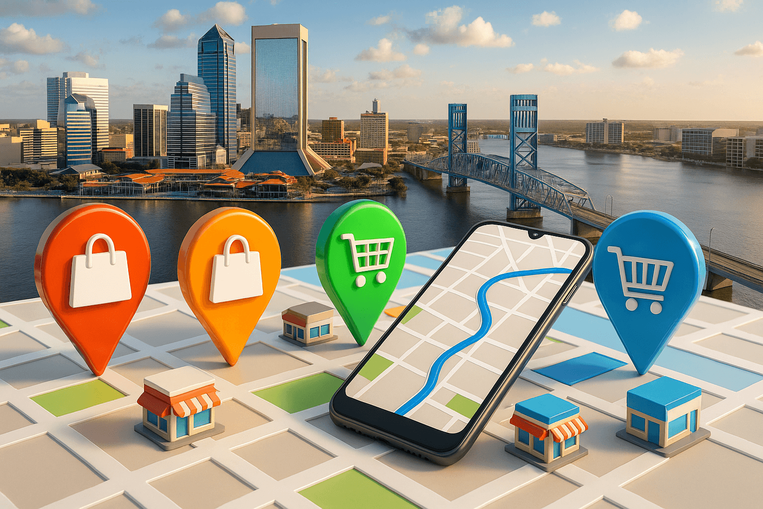 Aerial view of Jacksonville skyline with 3D map showing colorful location pins connecting local retail stores, demonstrating hyperlocal advertising advantage over Amazon