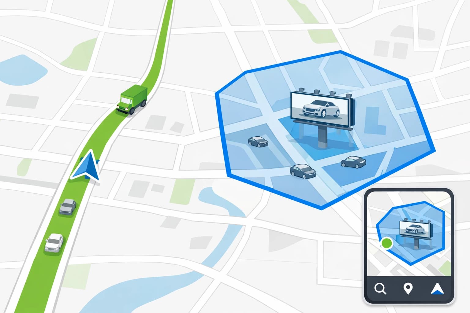 A high-contrast split-screen image: on the left, a faded highway billboard ignored by speeding cars; on the right, a bright smartphone notification appearing for a driver safely stopped at a red light.