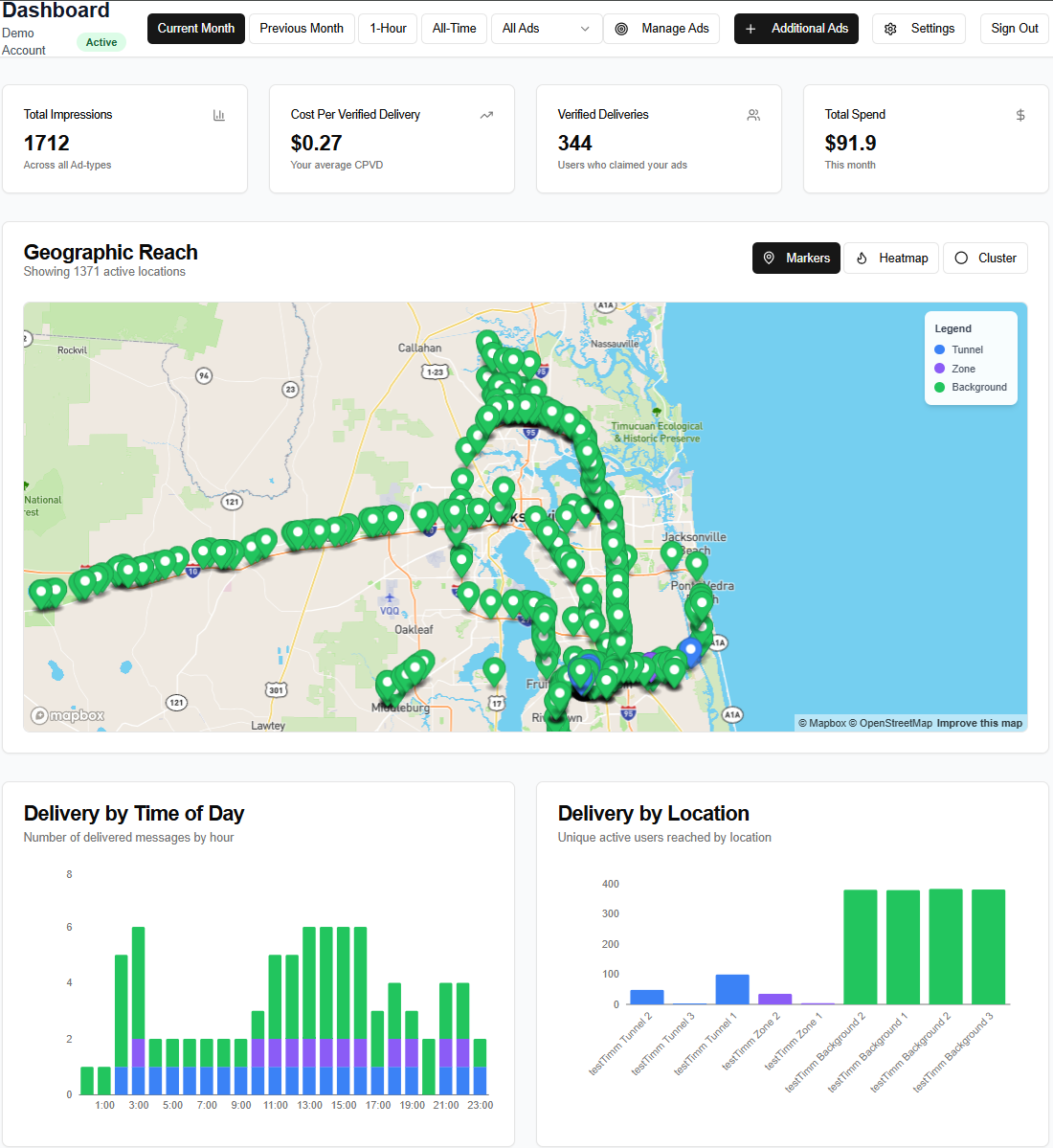 WilDi Maps Dashboard showing geographic reach, delivery analytics, and campaign performance