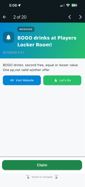 A driver tapping Claim on a delivered WilDi offer for BOGO drinks at Players Locker Room