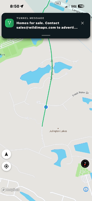 A WilDi tunnel ad delivered on a driver's phone as they travel a road corridor